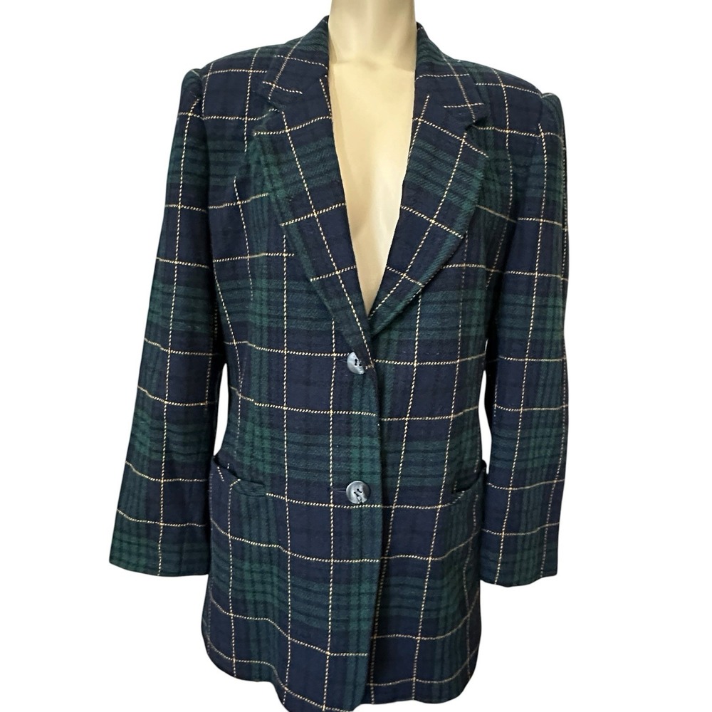 Vintage White Stag Blazer Womens Sz 6 Green Blue Plaid Tartan Wool Blend‎ Preppy